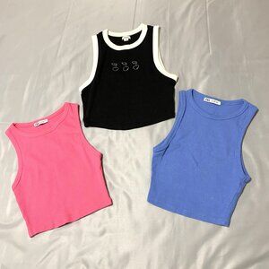 3 Zara & Garage Crop Top Shirts Women Sleeveless Pink Blue Black Cherries Size S